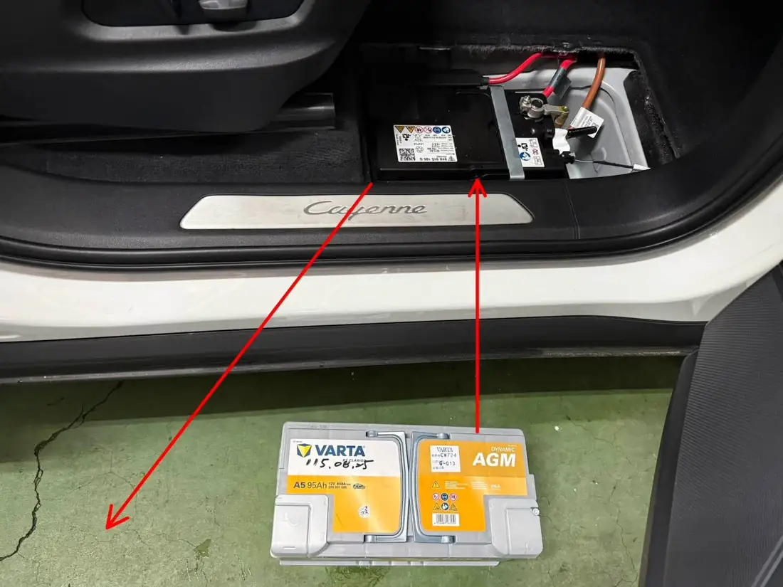 紅色箭頭標示 Cayenne E3 電瓶槽拆出原廠電池換上 AGM